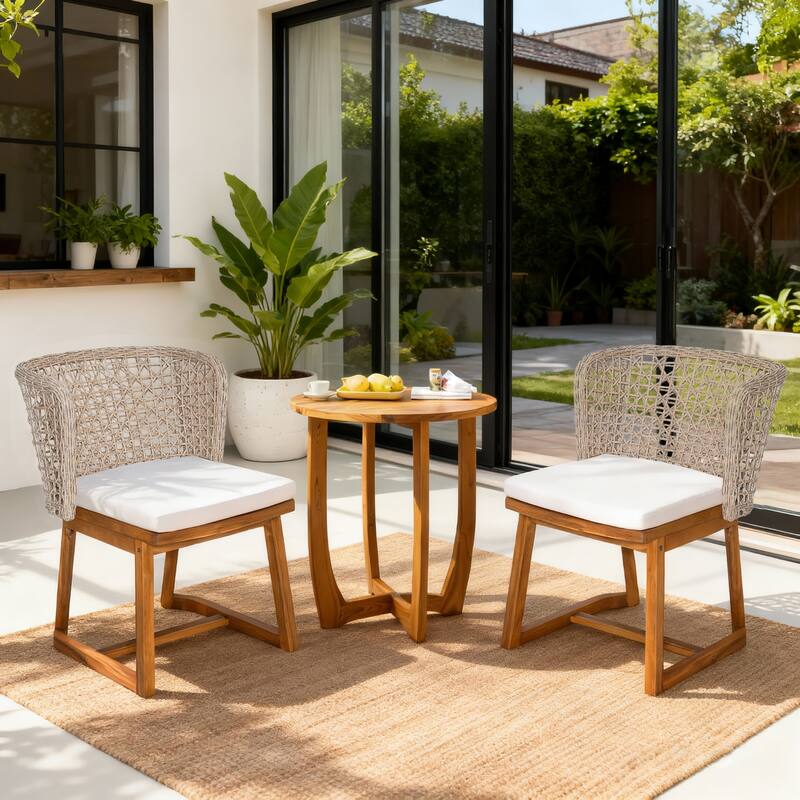 Scott Living Dome Outdoor Dining Chair Acacia Wood and Light Brown Wicker, Set of 2 - Teak finish+Beige cushion+Multi light brown wicker