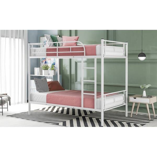 slide 2 of 18, Twin Over Twin Bunk Bed,Versatile Metal Bed with Build-In Ladder White
