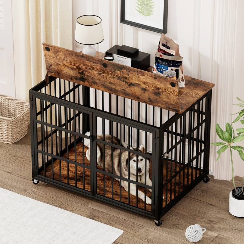 Decorative Pet House, Dog Crate Furniture with Iron Frame Door and wheels - Brown