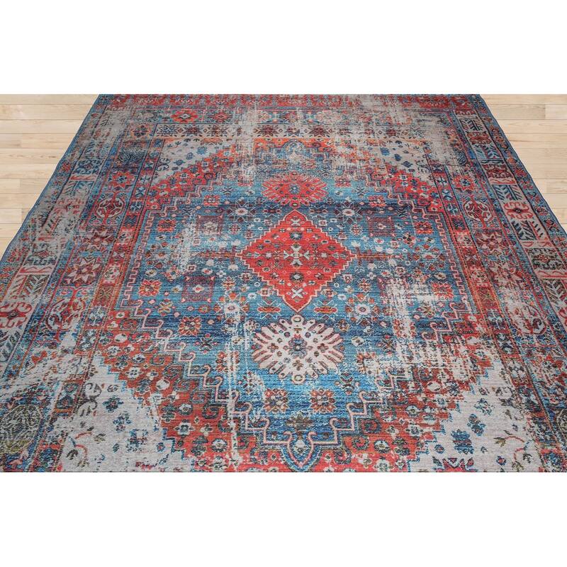 LoomBloom Aqua Traditional Medallion Rug Oriental Polyester Flatweave