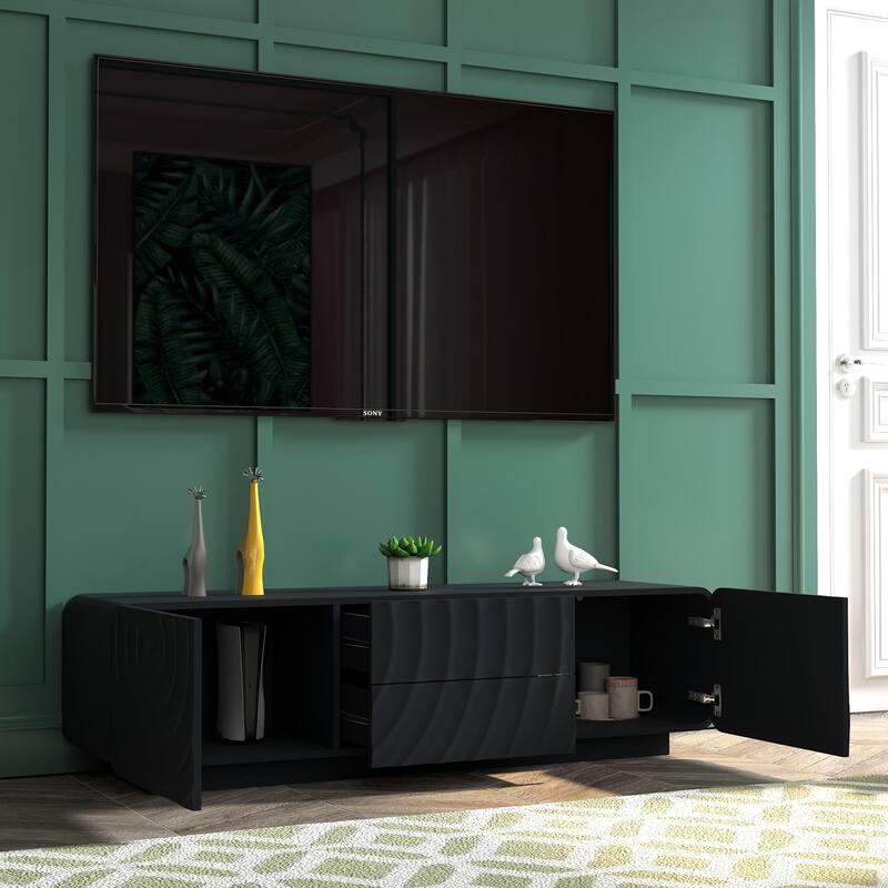 58" TV Console, Modern Spiral Wave Design TV Stand with Storage Cabinet and 2 Drawers