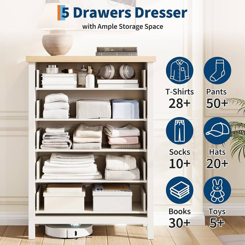 Modern Fluted Dresser with 5 Storage Drawers, Organizer Cabinet for Living Room, Bedroom