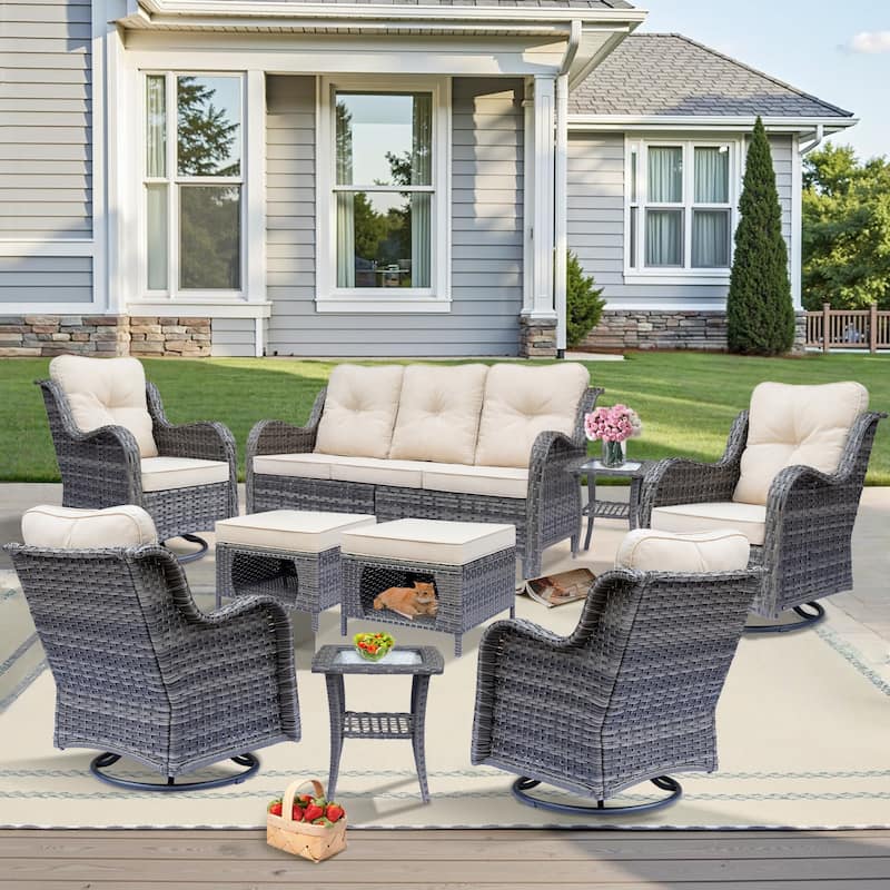 Gray Wicker Outdoor Patio Conversation Seating Sets with Swivel Chairs - 9 Pieces - Beige