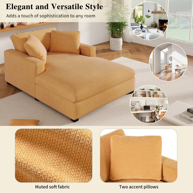 Yellow Modern 53.5" Chaise Lounge Chair with Solid Wood Legs and Pillows for Living Room