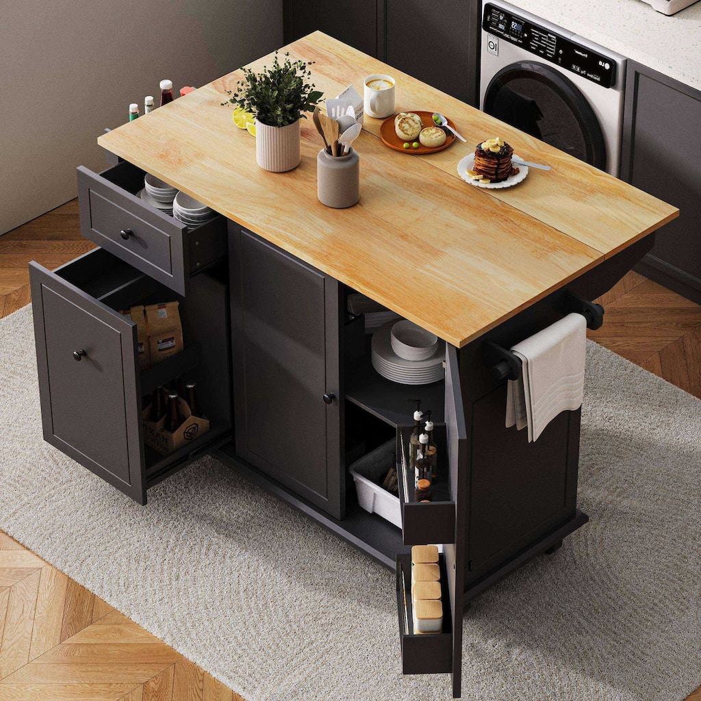 Mobile Kitchen Island with Drop Leaf, 53.9" Width, 3-Tier Pull-Out Cabinet Organizer, Spice & Towel Rack (Black)