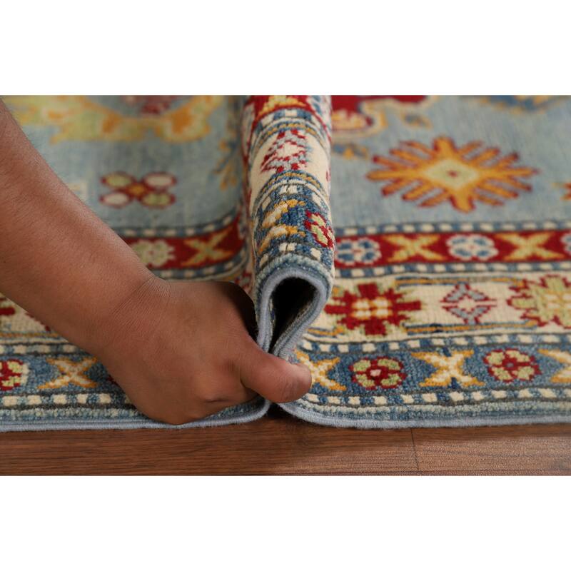 Light Blue Kazak Runner Rug Handmade Traditional Wool Carpet - 2'9" x 9'9"