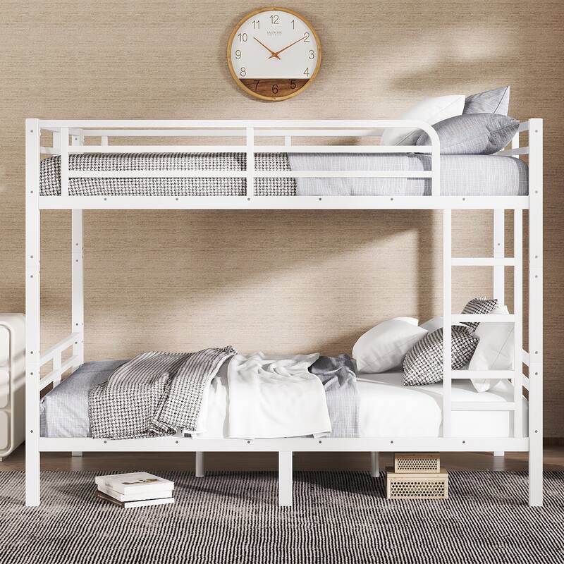 Metal Bunk Bed Frame with Safety Guardrail, Heavy Duty Metal Slat Support, Noise Free - White+Full XL over Full XL - Full