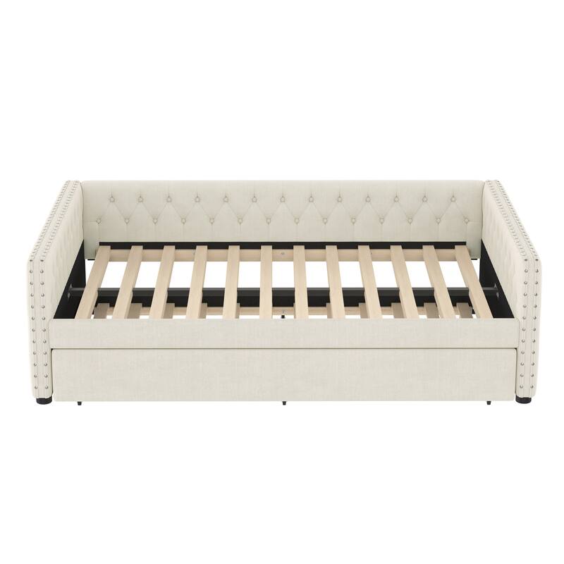 Full Size Upholstered Daybed with Trundle, Tufted Sofa Bed with Rivet-Trimmed Arms and Button Detail