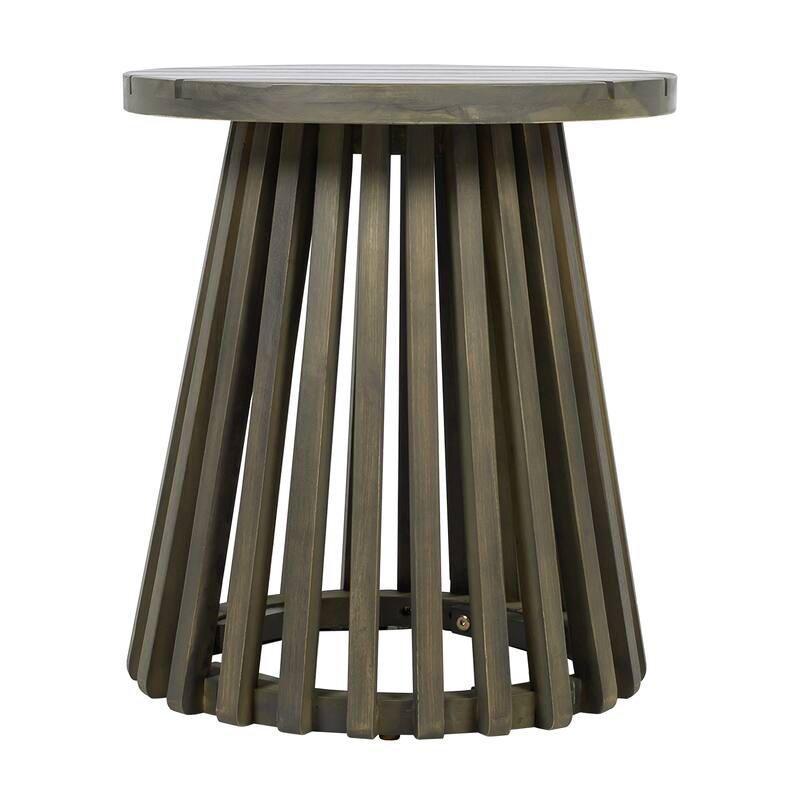 Roomfitters Round Outdoor Acacia Wood Side Table, Slatted Pedestal Base Accent Table for Patio and Balcony