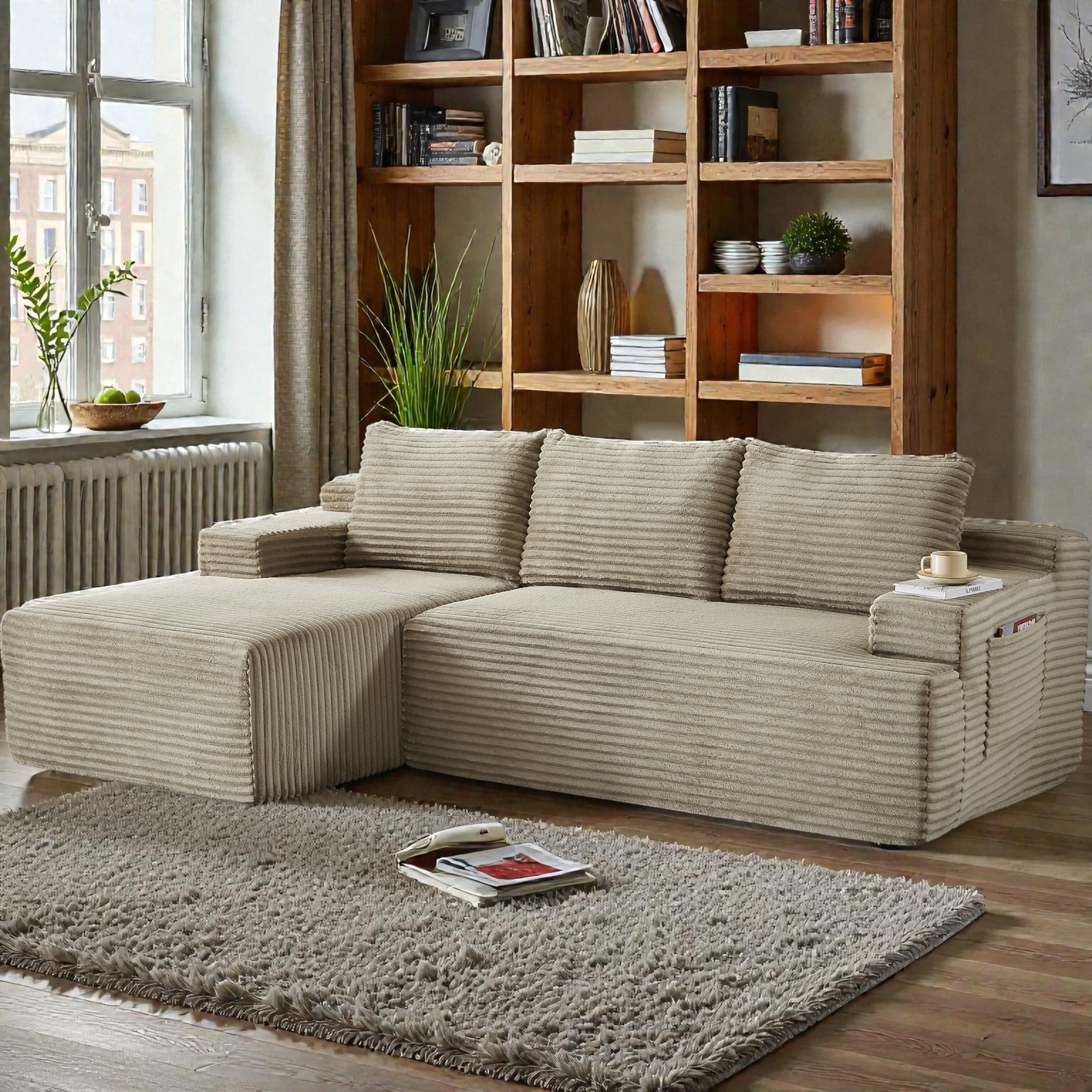 L Shaped Cloud Sectional Sofa with Deep Seat, Corduroy Modular Sleeper Couch, No Assembly Required