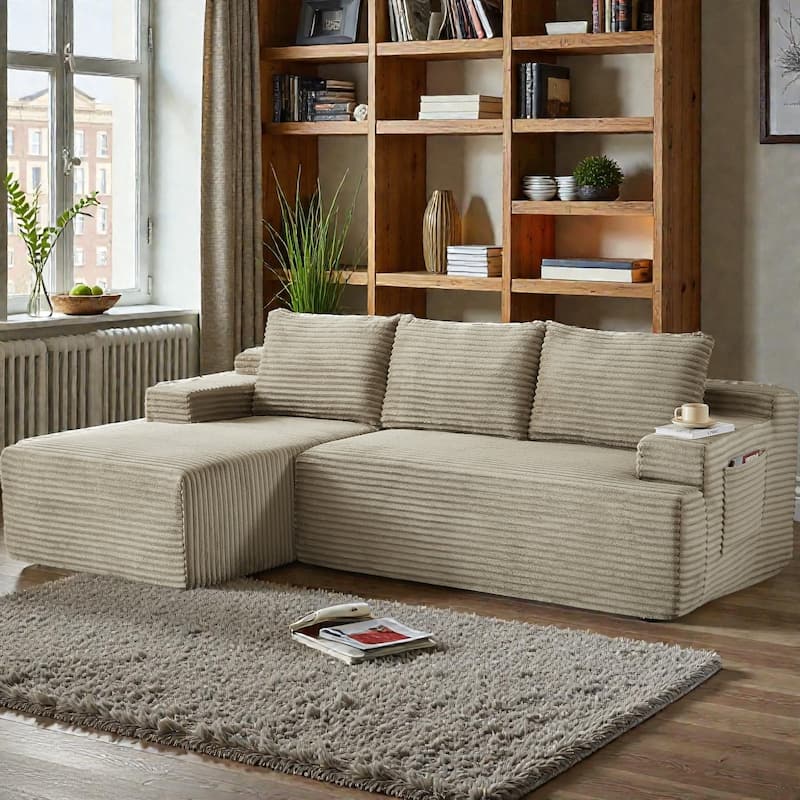 L Shaped Cloud Sectional Sofa with Deep Seat, Corduroy Modular Sleeper Couch, No Assembly Required - Camel