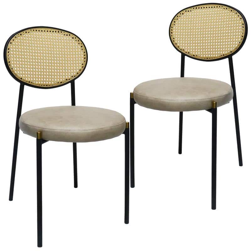 LeisureMod Euston Modern Dining Chair with Upholstered Velvet Seat - Wicker Back and White Stainless Steel Legs Accent Chair - Taupe Leather