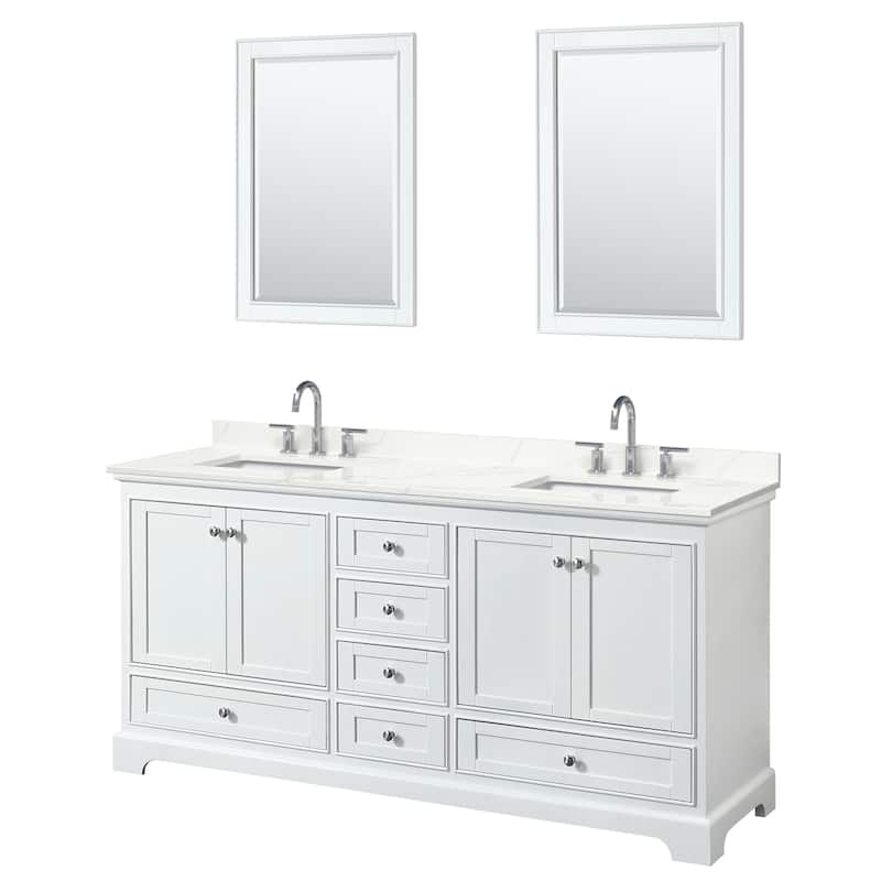 Deborah 72-inch Double Vanity, Quartz Top, 24-inch Mirrors - White, Chrome Trim, Giotto Quartz Top