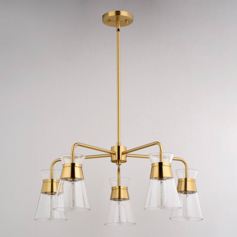Harper 5-Light 27 in. Wide Natural Brass Gold Mid-Century Modern Chandelier with Clear Glass Cone Shade, Ceiling Fixture