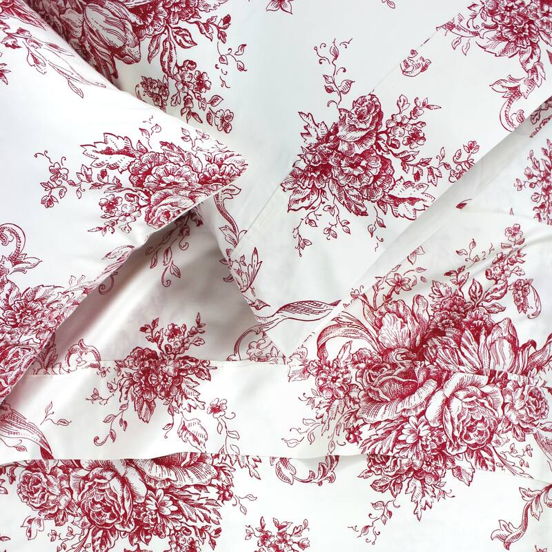 Printed Floral Design Cotton Collection Sheet Set and Pillowcases - Toile Red - California King