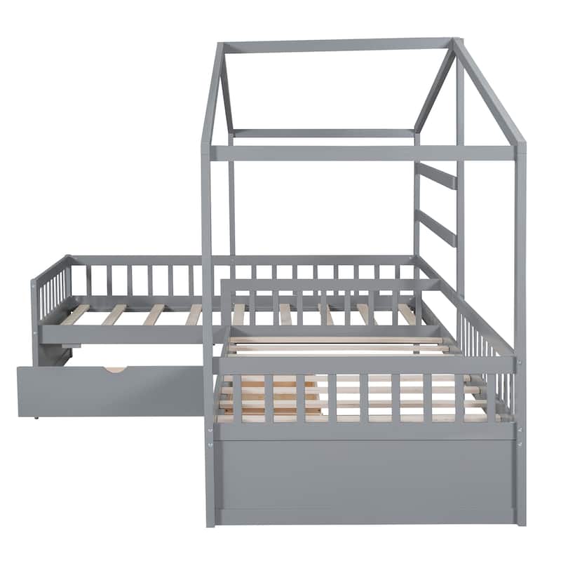 Twin Size Kids House Bed Double Shared-Bed, L-Shaped Pine Wood Platform Bed with 3 Storage Drawers for Boys Girls
