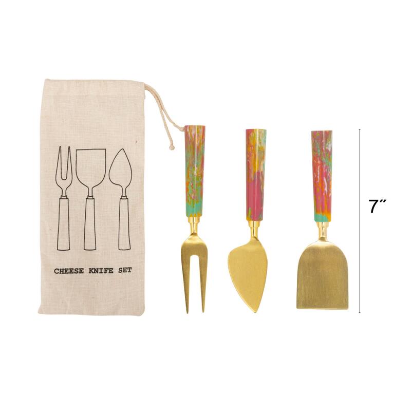 3-Piece Stainless Steel Cheese Knife Set with Marbled Resin Handles - 7.0"L x 2.0"W x 0.75"H