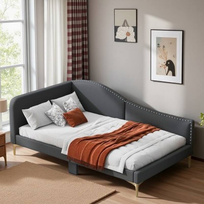 Full Size Upholstered Daybed with Linen Fabric, Headboard & Armrests, Sturdy Wood Frame, Ideal for Guest Rooms
