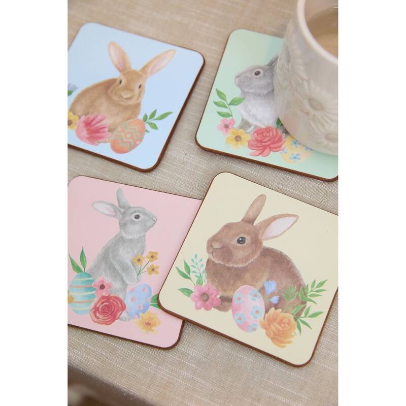 4" Multi-Color Easter Floral Cute Bunny Rabbit Drink Sitter Coasters Set of 4