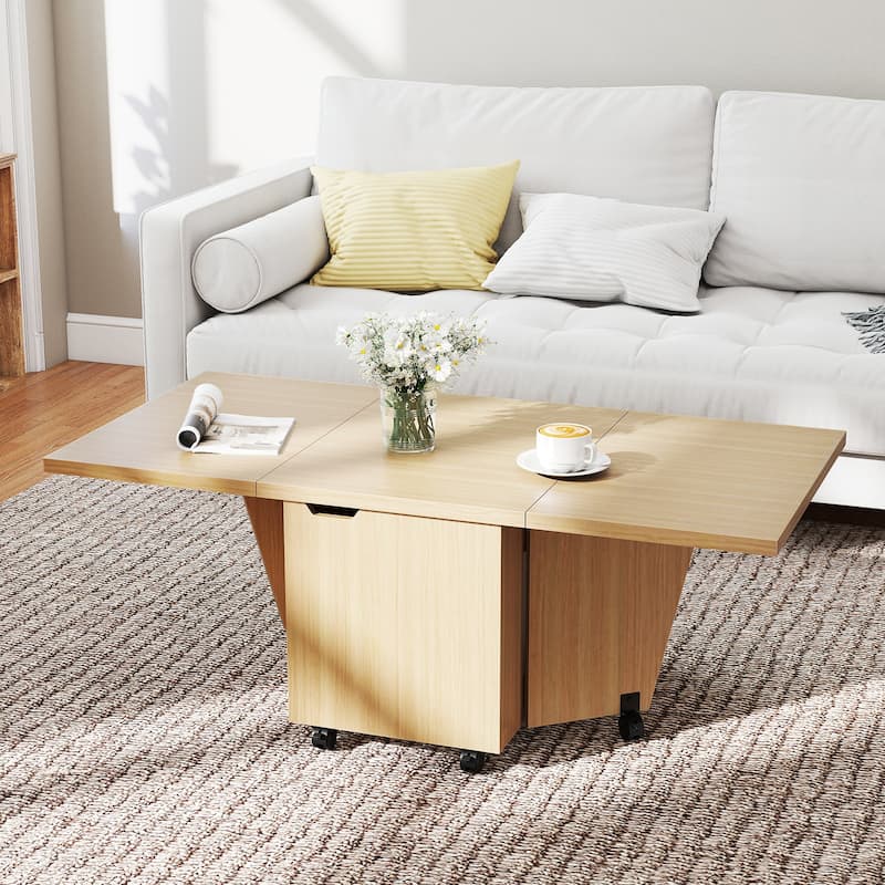 Folding Coffee Table with Storage Cabinet Expandable Living Room Table on Wheels with Quick Folding Top - 48" x 24" x 18"