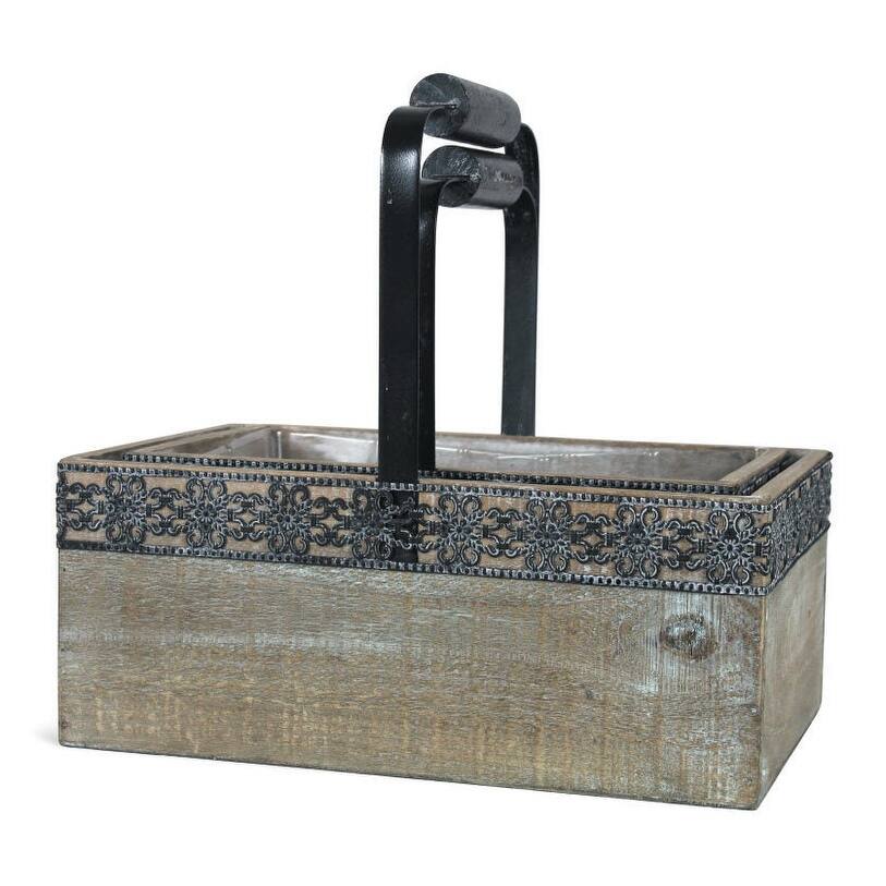 Set Of 2 Rustic Wood With Metal Decorative Trim Baskets