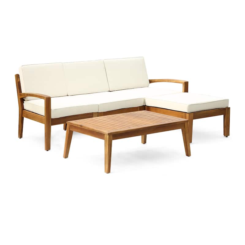 78" Outdoor Patio L-Shaped Acacia Wood Sectional Sofa Set with Coffee Table and Ottoman