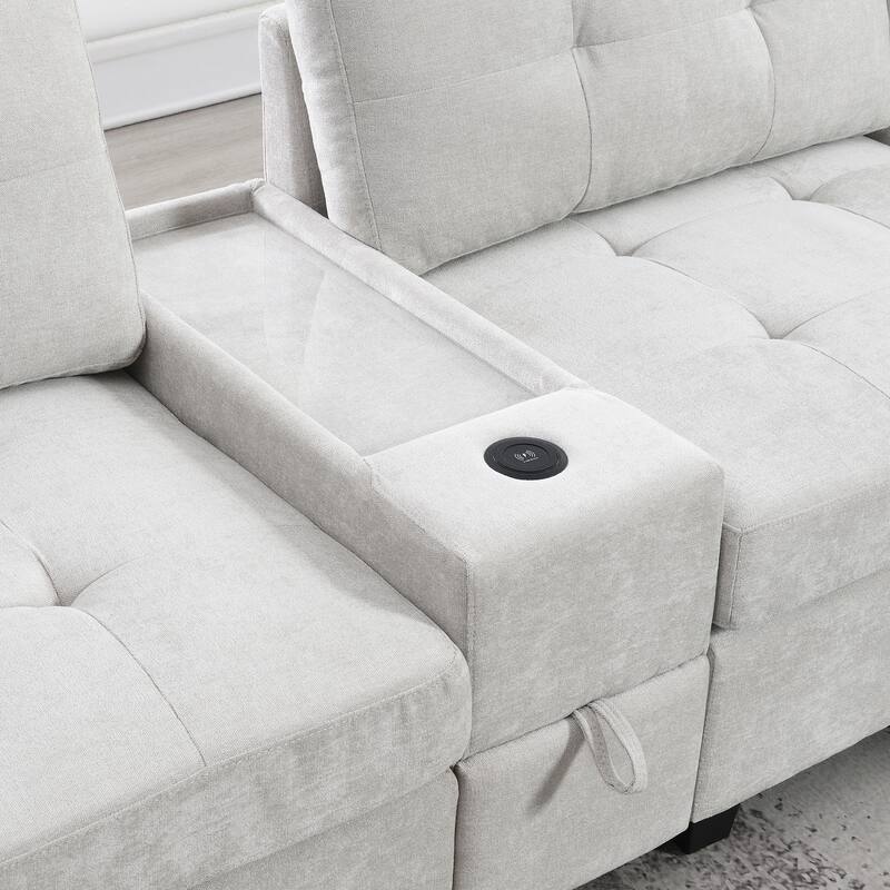 L-shape Chenille Sectional Sofa with 2 Acrylic Consoles Table Top, USB Charger, 2 Drawers, Pockets and Ottoman for Living Room