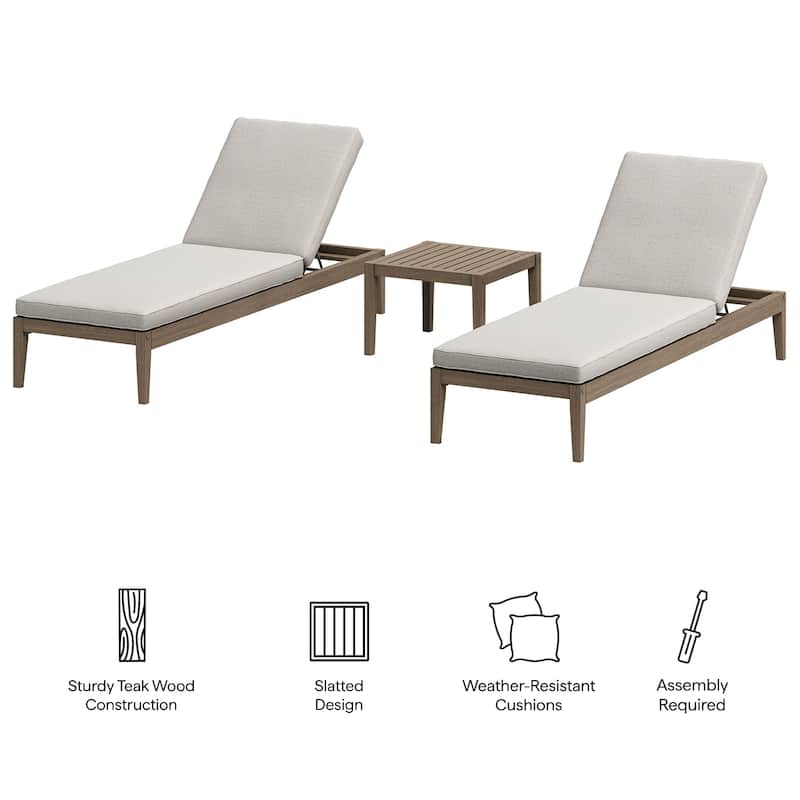 Northlake 3-Piece Outdoor Teak Wood Furniture Set with Chaise Lounges and Side Table