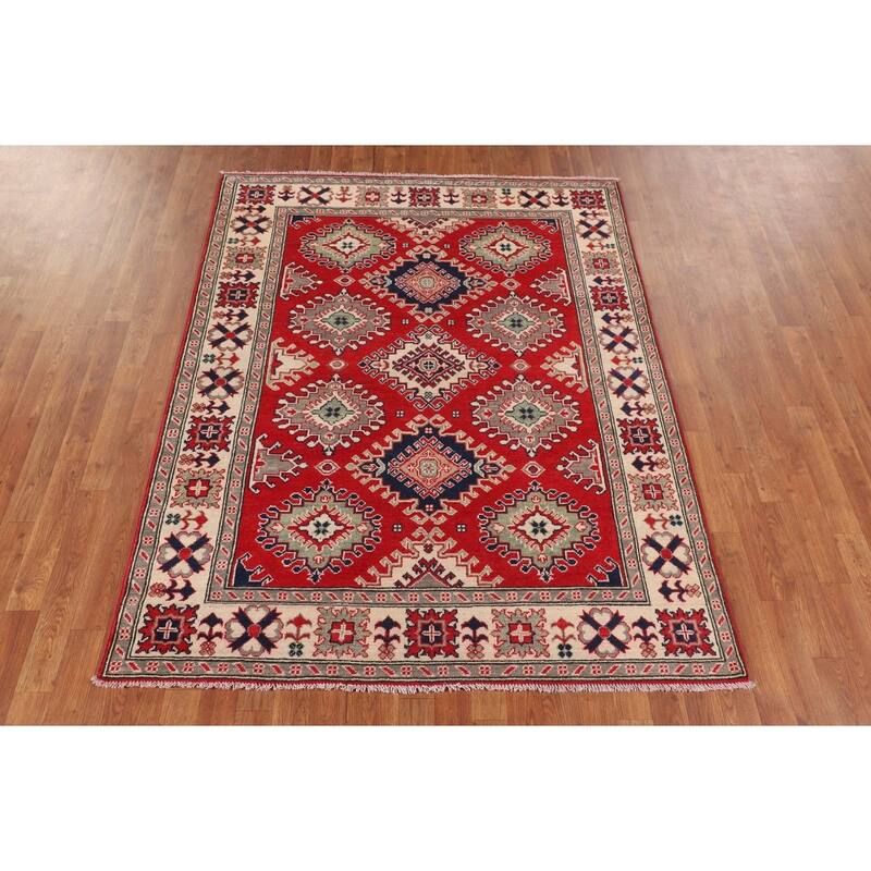 Traditional Red Kazak Rug Hand-Knotted Oriental Wool Carpet - 5'0" x 6'7"