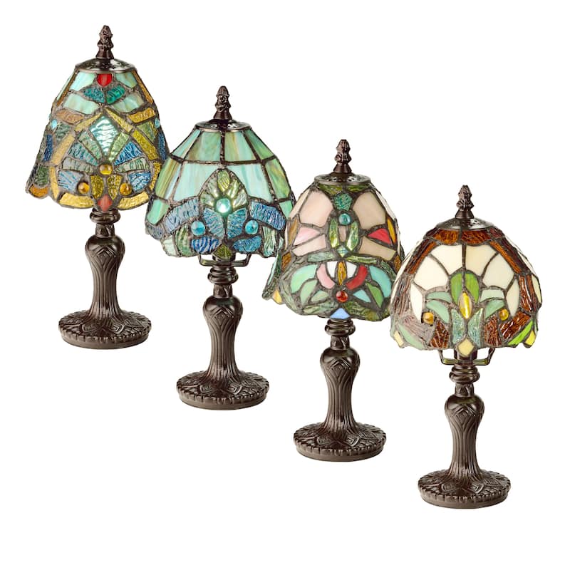 River of Goods Set of 4 Family Favorites Tiffany Style Stained Glass Mini Accent Lamps - 6"L x 6"W x 12"H - Each