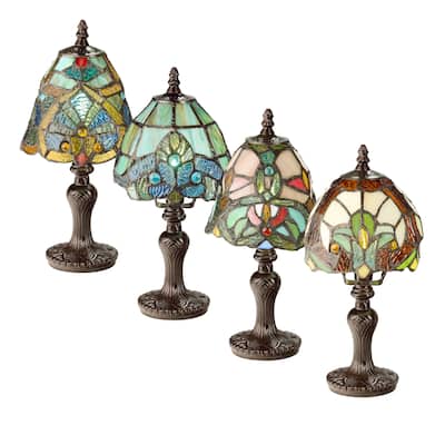 River of Goods Set of 4 Family Favorites Tiffany Style Stained Glass Mini Accent Lamps - 6"L x 6"W x 12"H - Each