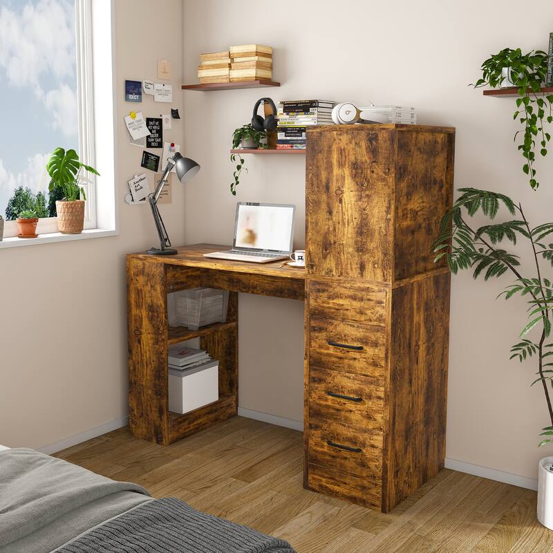 Roomfitters Computer Desk with Charging Station, 3 Drawers and 4 Tier Storage Shelves, Carbonized Wood Home Office Table, Brown