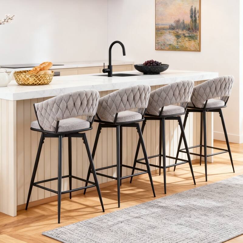 Set of 4 Swivel Bar Stools with Linen Cushions, Beige Seats & Black Iron Frames for Kitchen Island