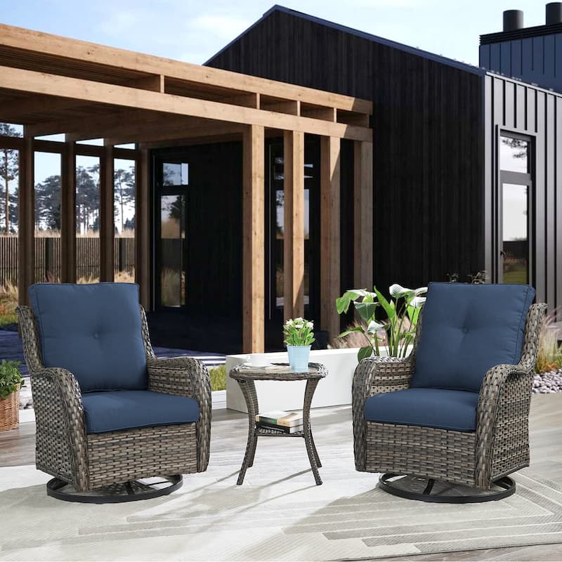 Pocassy 3-Piece Outdoor Swivel Bistro Set, Wicker Rocking Chairs - Grey/Blue