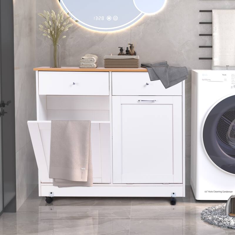 10-Gallon Double Tilt Trash Cabinet with 2 Storage Drawers - Rolling Trash Bin Cabinet with Extra Storage