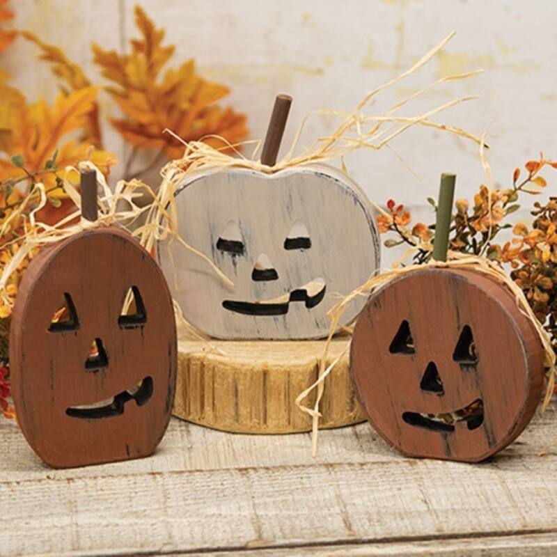 Wooden Jack O Lantern Sitters Primitive Fall Decor- 3 Asstd. - 5" x 4.5" x 0.75"