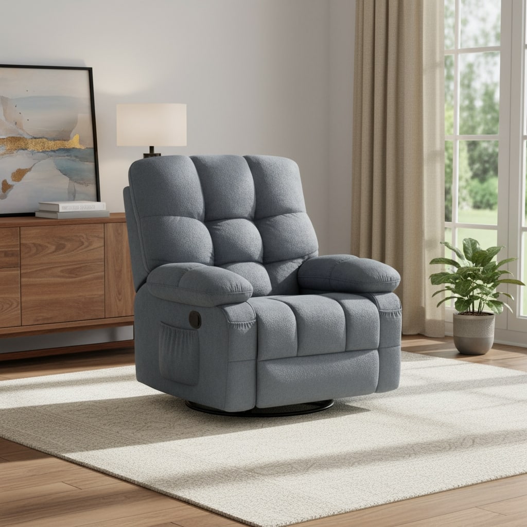 HomeRoots 39" Blue Tufted Chenille Heated Massage Swivel Rocker Recliner With USB