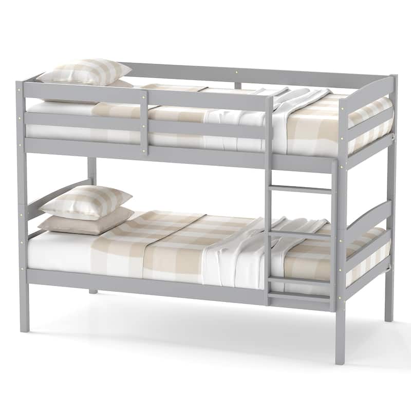 Solid Wood Twin Over Twin Bunk Bed with Guardrails and Ladder