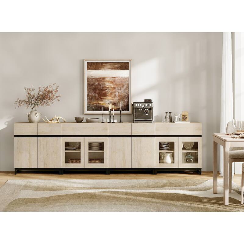 4-in-1 Modern Sideboard Buffet with Glass Doors, 2 Drawers & Metal Base, Adjustable Shelf for Kitchen Coffee Bar Storage