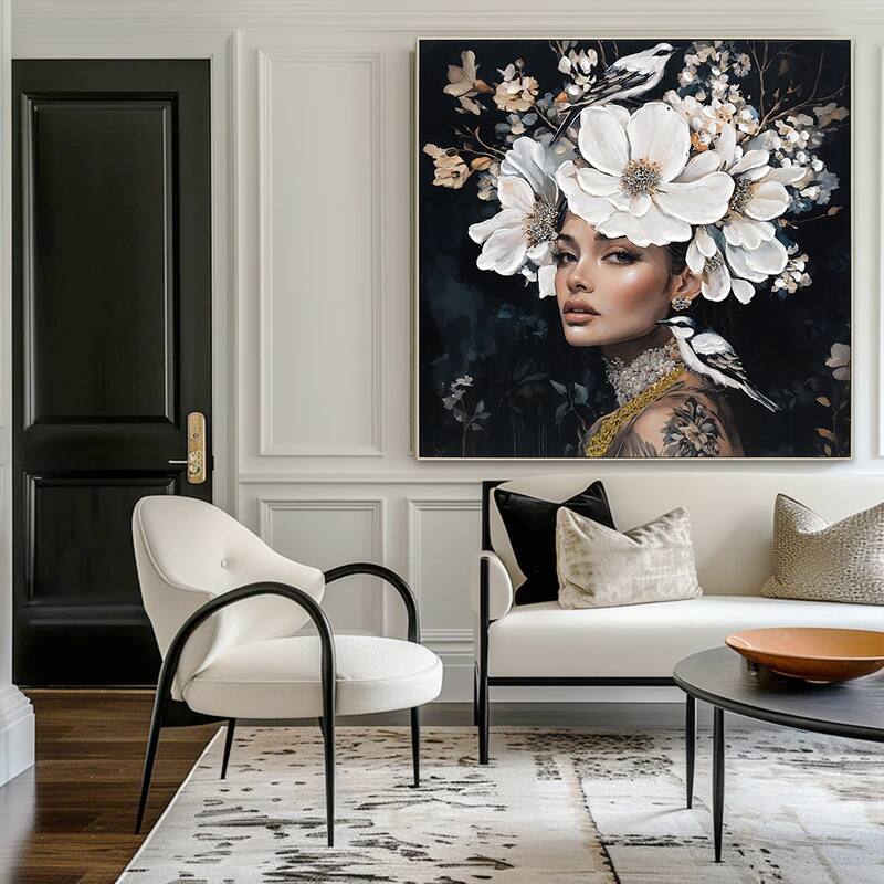 Floral Woman Canvas Wall Art Black And White Bird Tattoo Portrait Modern Aesthetic Artwork,Art Oil Painting