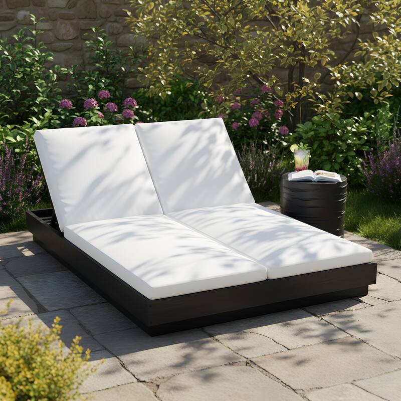 Christopher Knight Home - Outdoor Acacia Wood 5-Position Adjustable Double Sunlounge Set with MGO Side Table - 2-Piece Set-Black+Beige