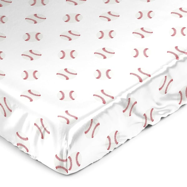 slide 2 of 6, Sweet Jojo Designs Red White Baseball Patch Sports Collection Boy Satin Fitted Crib Sheet - Americana Sport