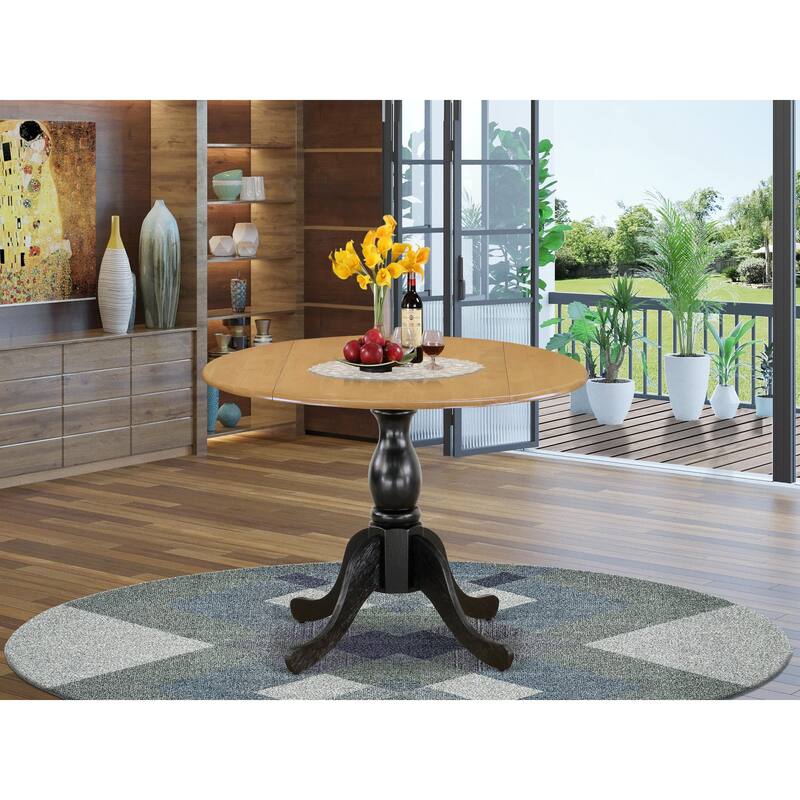 East West Furniture Dublin Dining Room Table - a Round Solid Wood Table Top with Dropleaf & Pedestal Base, Oak & Black - DST-OBK-TP