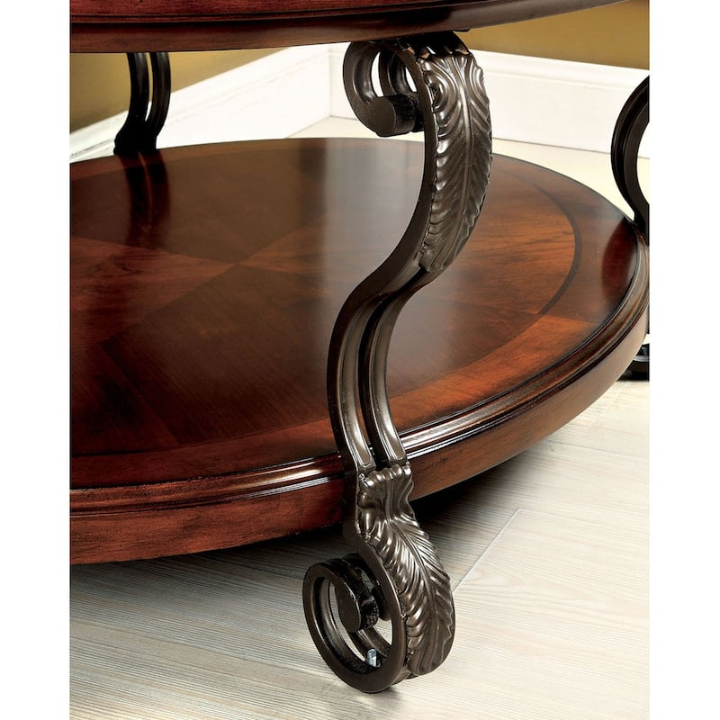 Wooden Coffee Table With Metal Frame in Brown Cherry Finish