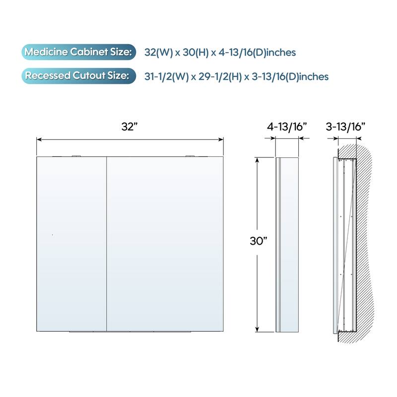 32"W X 30'H Recessed or Surface Wall Mount Bathroom Medicine Cabinet With Adjustable Glass Shelves
