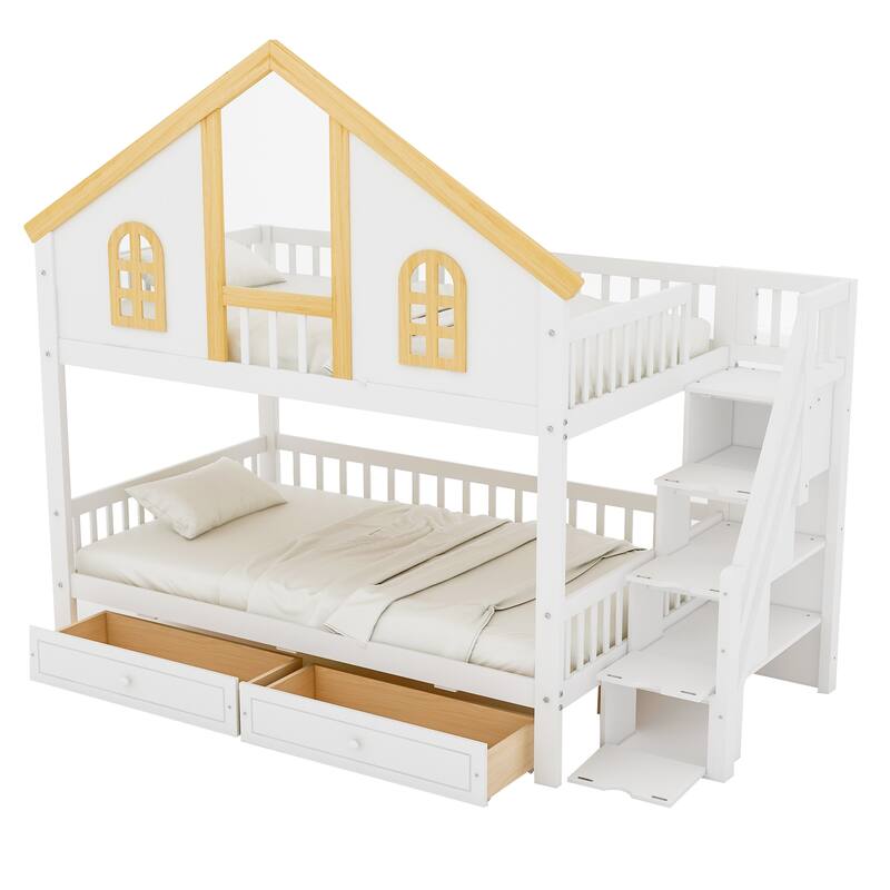 Fairytale Bunk Bed with Window Door House-shaped Roof Frame and Storage Staircase, Optional with Storage Drawers or Trundle Bed