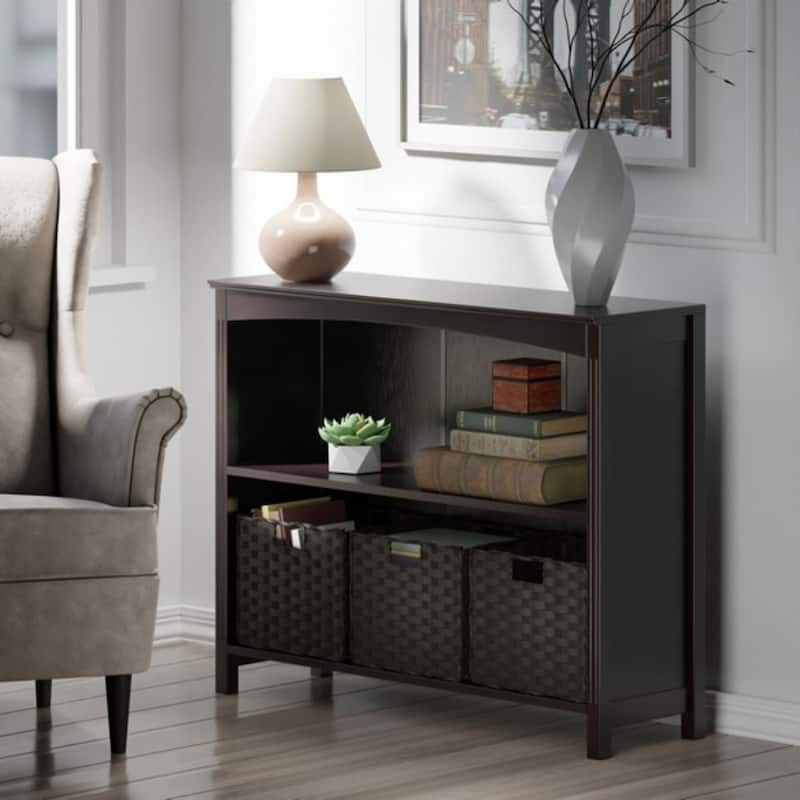 4 Pc Storage Shelf with 3 Foldable Woven Baskets - 37" - Walnut and Chocolate