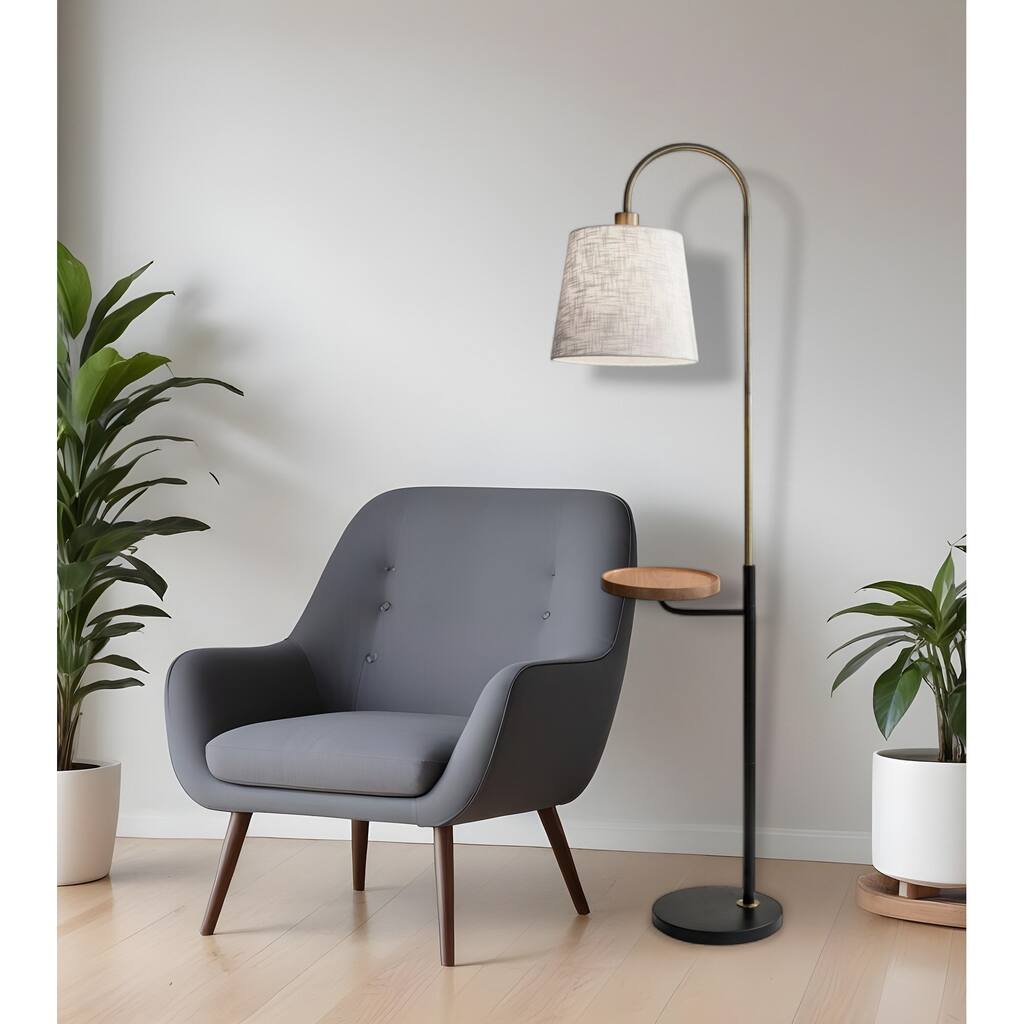 Antique Brass And Black Metal Floor Lamp With USB Charging Station Wood Shelf