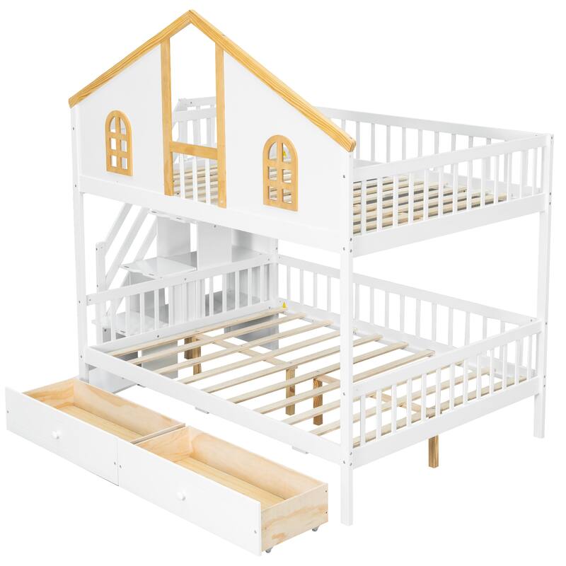 Fairytale Bunk Bed with Window Door House-shaped Roof Frame and Storage Staircase, Optional with Storage Drawers or Trundle Bed