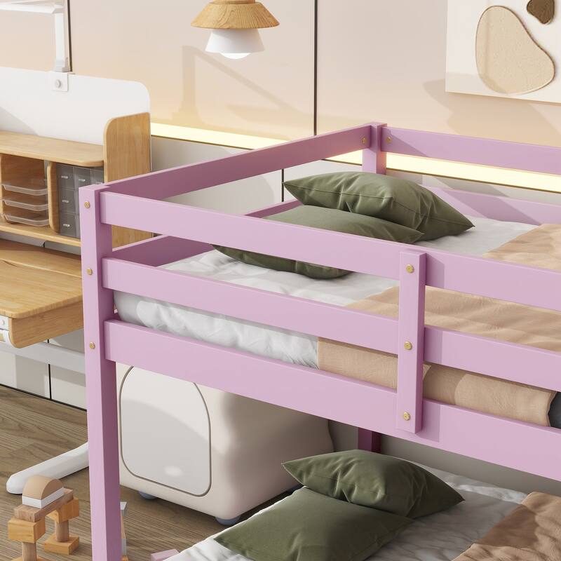 Wooden Twin over Twin Floor Bunk Bed with Ladder ,Upper and Bottom Bed Platforms